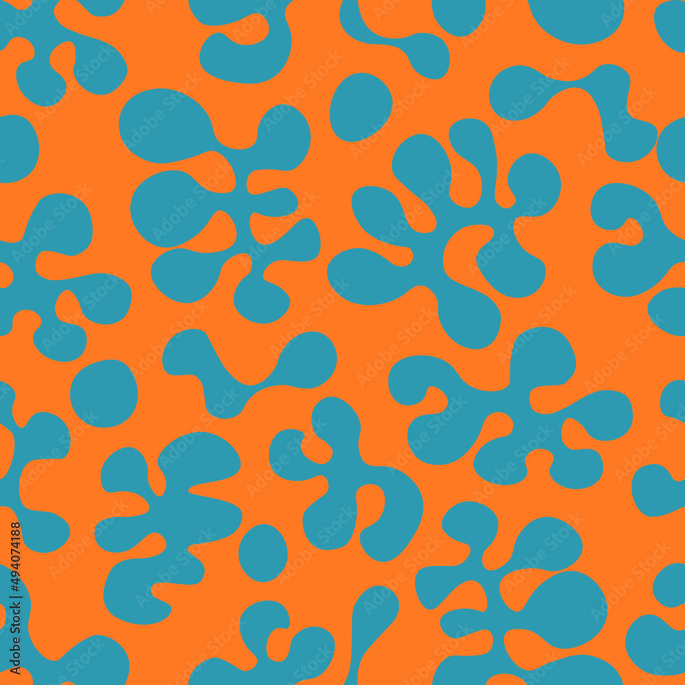 Orange and teal blue organic, groovy blobs in repeatable seamless pattern, reminiscent of lava lamps.