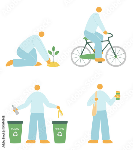 Illustration of a man saving ecology of the Earth: planting tree, riding bicycle, segregating garbage, using eco bag and reusable cup. Saving environment actions illustration set.