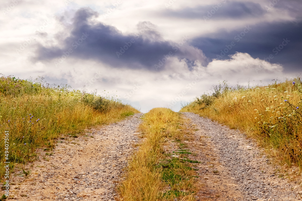 Rural landscape with a dirt road in the middle of the field and a picturesque cloudy sky