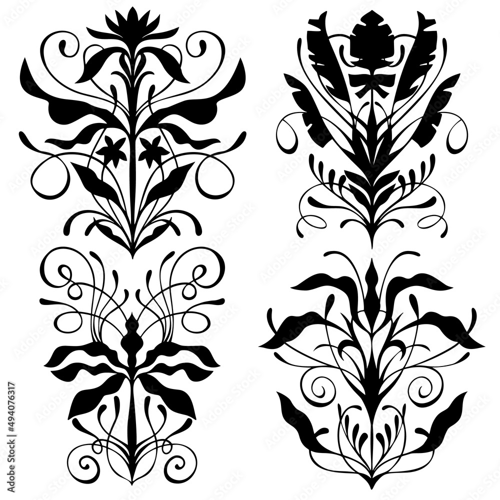 Baroque set. Art nouveau elegant border frame elements. Black and white vintage Rococo floral ornament. Baroque set. Art nouveau elegant border frame elements. Black and white vintage Rococo floral ornament.