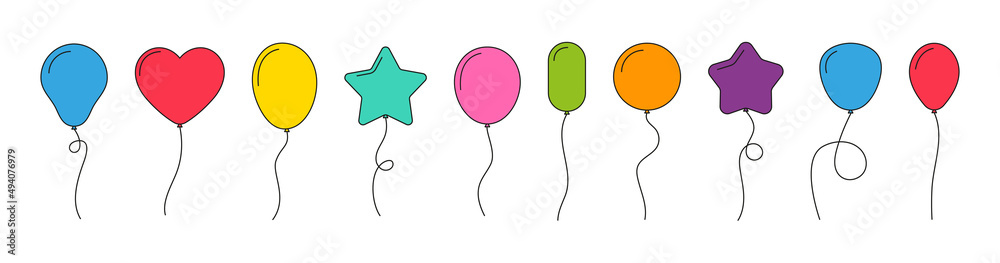 Balloon. Flat baloons with line. Ballons in cartoon style. Bunch of ...