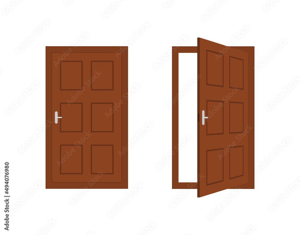 Doors. Open and close door. Doors of house isolated on white background. Doorway with doorframe for home. Design of room interior. 3d icon of entrance. Wooden door with handle in front. Vector Doors. Open and close door. Doors of house isolated on white background. Doorway with doorframe for home. Design of room interior. 3d icon of entrance. Wooden door with handle in front. Vector