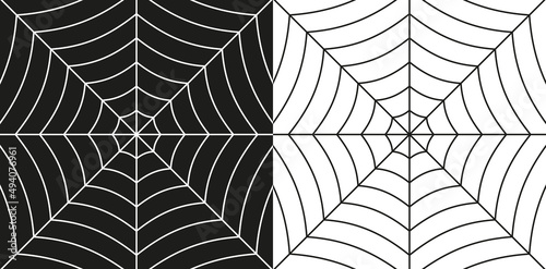 Spider web background. Cobweb isolated on white and black background. Spooky black and white spider icon. Cartoon pattern of net. Logo of web. Vector illustration