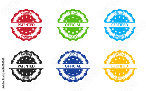 Stamp seal. Stamp for certificate of patented, official and certified. round badge for patent, certify, quality and verified. Sign for product. Label of guarantee isolated on white background. Vector