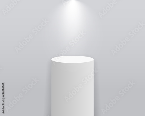 3d pedestal podium. White mockup of stand with light for product. Round column for or showroom, exposition and exhibition. Museum stage. Pillar with platform with spotlight. Vector
