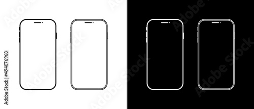 Phone outline. Black and white smartphone silhouette isolated on black and white background. Mockup of cellphone. Frame of mobile phone. Icon of device. Vector