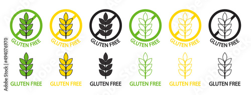 Gluten free. Gluten free icons. Sign for food. Logo with grain of wheat. Symbols of diet. Stamps for bread. Isolated labels for product on white background. Vector