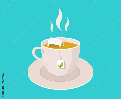 Tea cup with teabag. Fresh mug of tea with smoke. Icon of cup on plate with hot drink. Flat illustration isolated on blue background. Poster for breakfast in cafe or restaurant. Vector