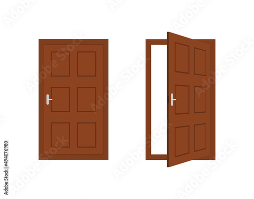 Doors. Open and close door. Doors of house isolated on white background. Doorway with doorframe for home. Design of room interior. 3d icon of entrance. Wooden door with handle in front. Vector