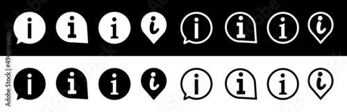 Info icon. Symbol of inform. Information pictogram. Button for info, help and tourist. Outline signs isolated on white and black background. Graphic set. Vector