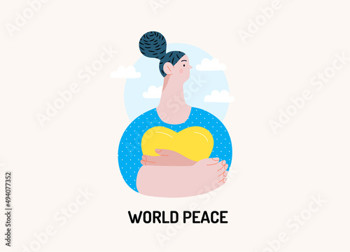 War and peace - Ukranian heart -modern flat vector concept digital illustration of young woman holding a heart, colored in Ukranian flag colors. Creative anti-war poster.