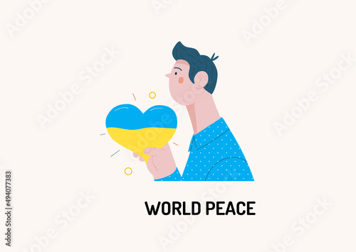 War and peace - Ukranian heart -modern flat vector concept digital illustration of young man holding the Ukranian flag colored heart. Creative anti-war poster.