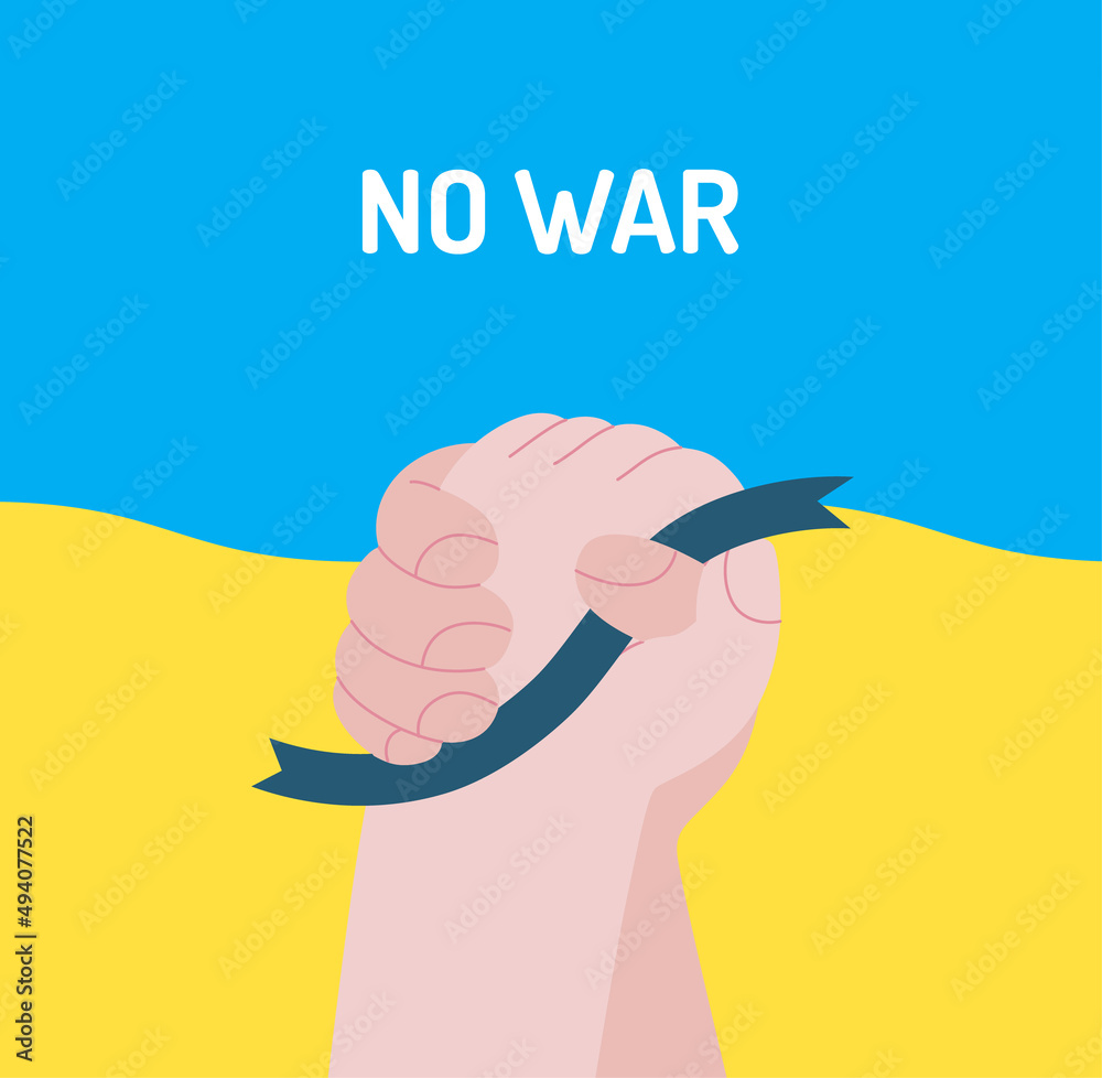War and peace - Handshake -modern flat vector concept digital illustration of two hands holding together a ribbon, on the Ukranian flag colored background, in fight gesture. Creative anti-war poster.