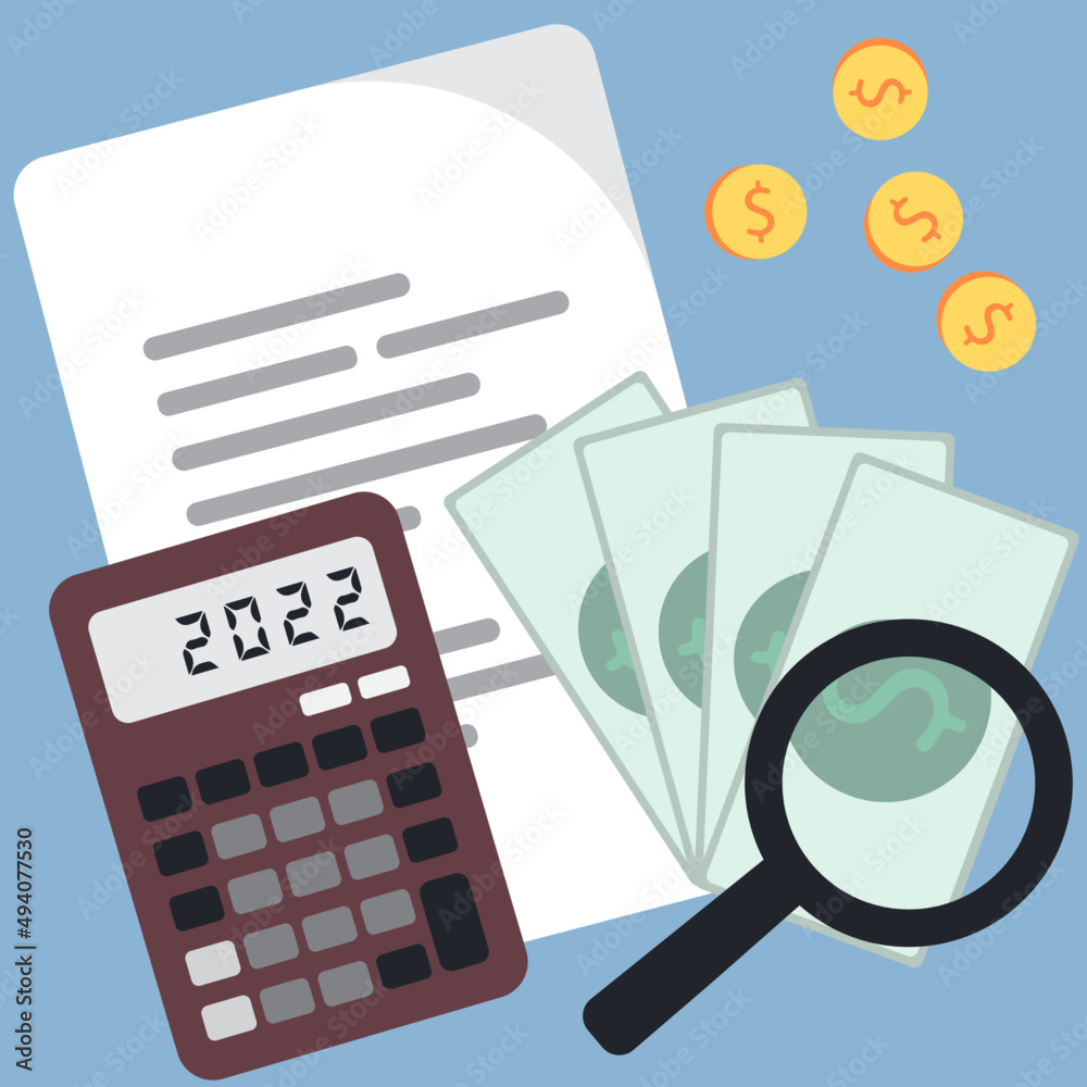 Ilustracão vetorial de objetos relacionados á finanças,  comércio, matemática, economia, dinheiro, moedas para o ano de 2022.