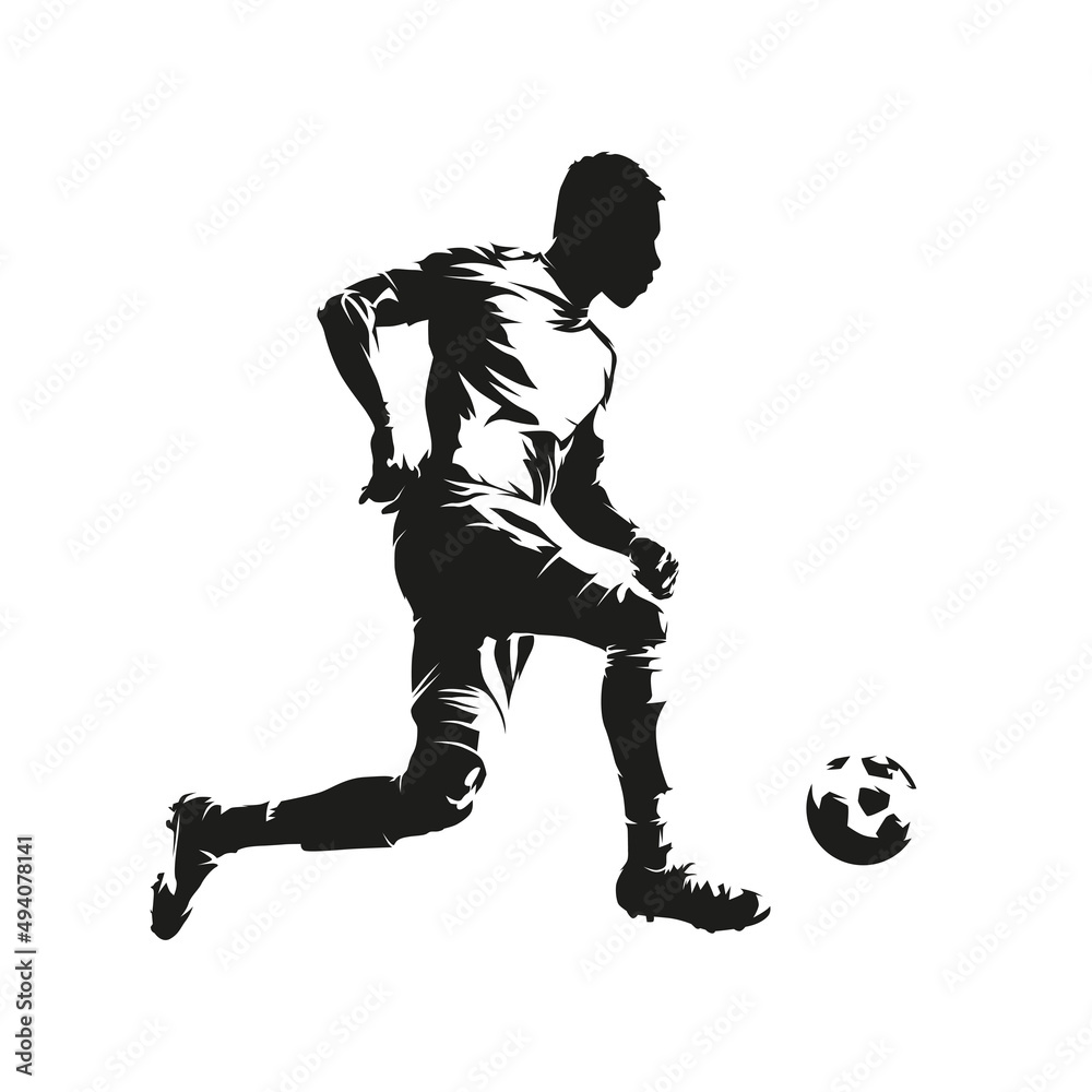 Football player shoots the ball and scores a goal, isolated vector silhouette, side view. Soccer, team sport athlete. Footballer logo
