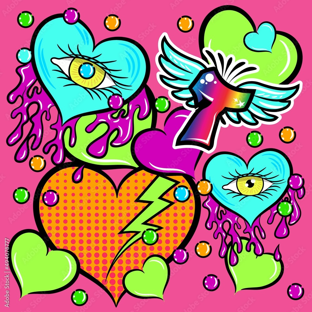 Illustration vector heart with eye and splatter graffiti design Text urban fashion design Illustration vector heart with eye and splatter graffiti design Text urban fashion design