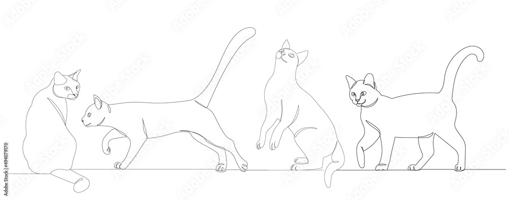 cats sketch, drawing by one continuous line vector, isolated - obrazy, fototapety, plakaty 