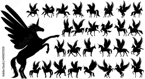 Fotografia pegasus set black silhouette isolated vector