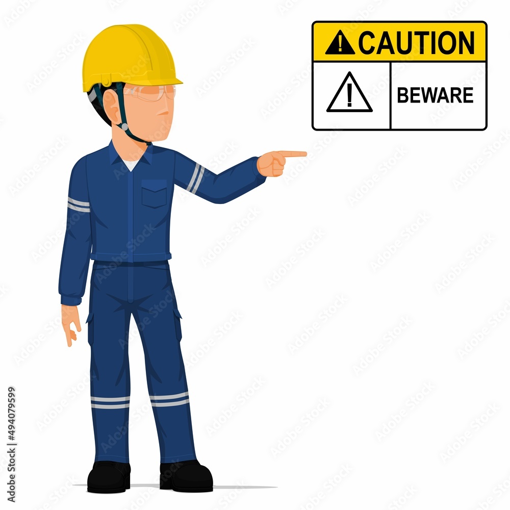 An industrial worker is pointing on white background An industrial worker is pointing on white background