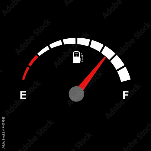 Fuel indicator for gas, petrol, gasoline, diesel level count. Fuel gauge scales icon. Car gauge for measuring fuel consumption and control gas tank fullness. Performance measurement. Vector