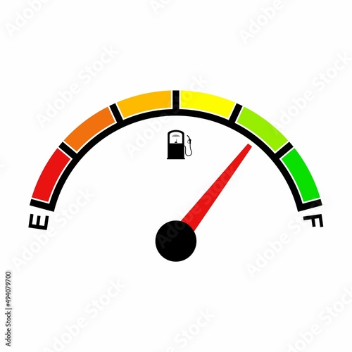 Fuel indicator for gas, petrol, gasoline, diesel level count. Fuel gauge scales icon. Car gauge for measuring fuel consumption and control gas tank fullness. Performance measurement. Vector