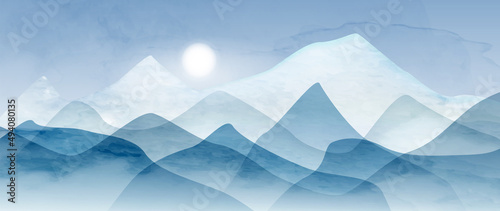 Abstract watercolor background with mountains and hills and sun in blue. Vector landscape art design with paints for decoration, wallpaper, print