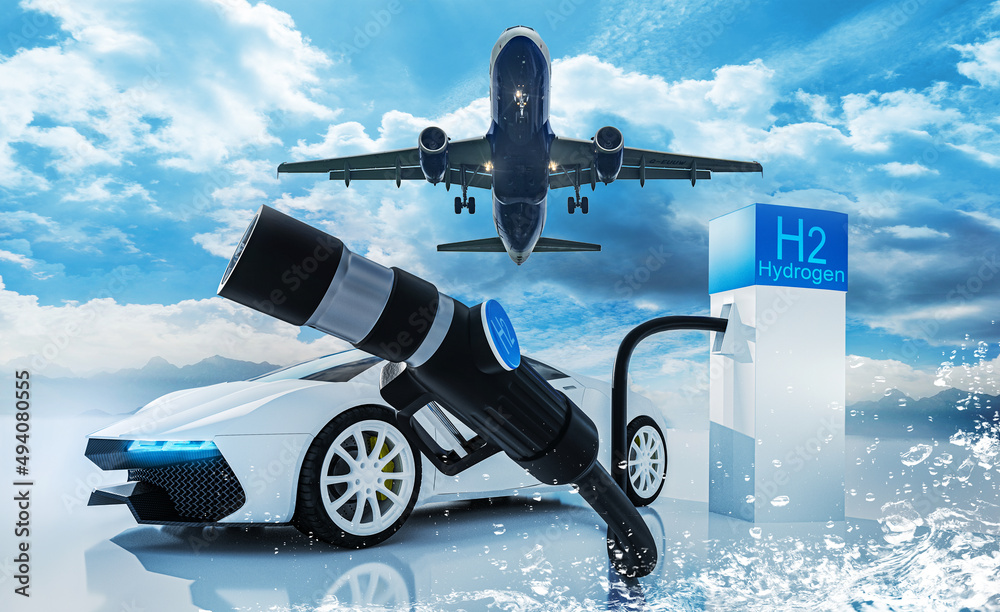 Auto - Flugzeug -  Wasserstofftankstelle -  Betankung von Elektrofahrzeugen  - obrazy, fototapety, plakaty 