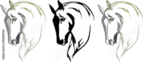 Horse head sketch on a white background - three options. Linear wave-shaped horse heads for emblems, logos, interior solutions, business ideas, textiles, tattoos, prints, fashion, fabric, wallpaper
