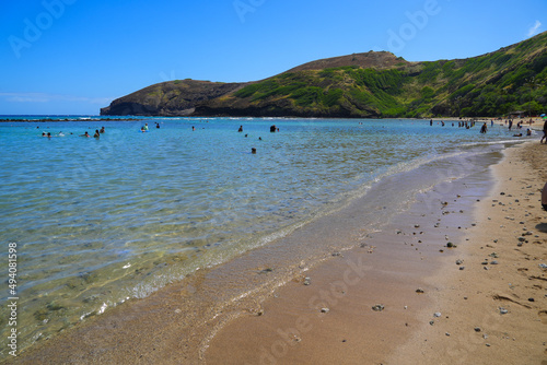 The beach of the Hanauma Bay Nature Preserve on O'ahu island in Hawaii, United States