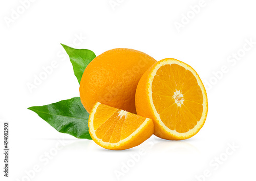 A whole orange  a slice of orange and half an orange with green leaves  isolated on a white background