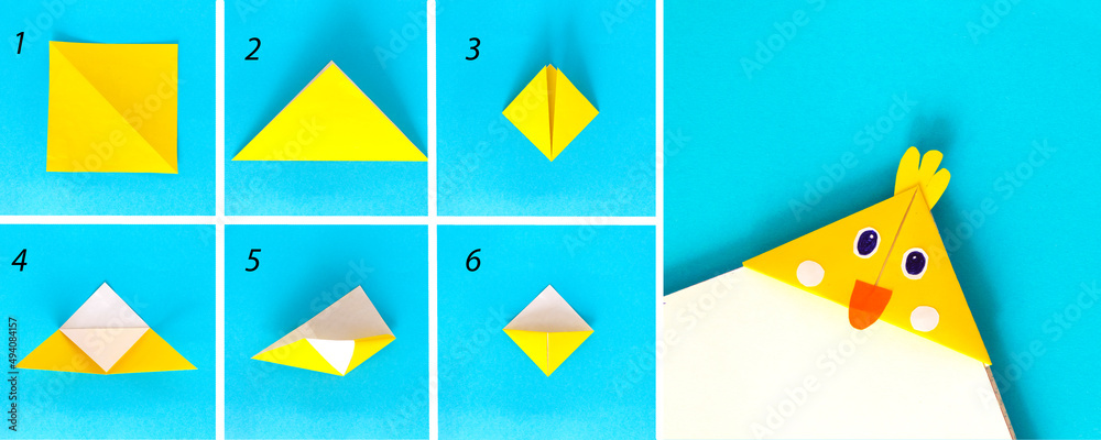 Step by step photo instruction how to make origami paper bookmark chick ...