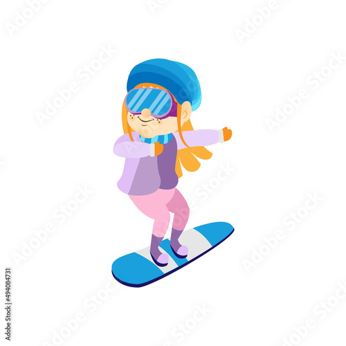 Isolated girl board kids rain winter weather vector illustarion