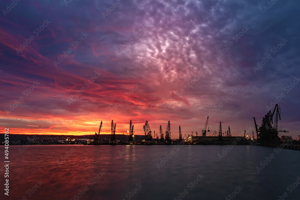 Beautifuln Sunset over Varna port 
