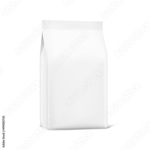 Standing bag with a narrowed top. Vector illustration isolated on white background. High realistic detail. Ready for your design. Suite for the presentation of coffee, food, for pets, household, etc.