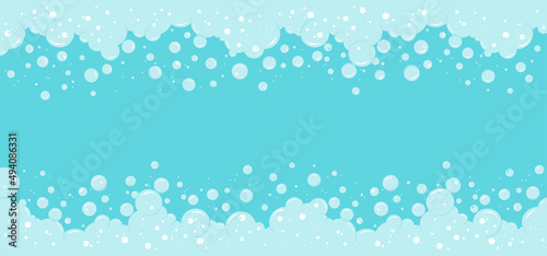 Soap bubble background, foam abstract frame, suds border. Laundry and shampoo pattern. Transparent effervescent air bubbles stream. Cartoon soda pop. Fizzy drinks. Carbonated vector illustration