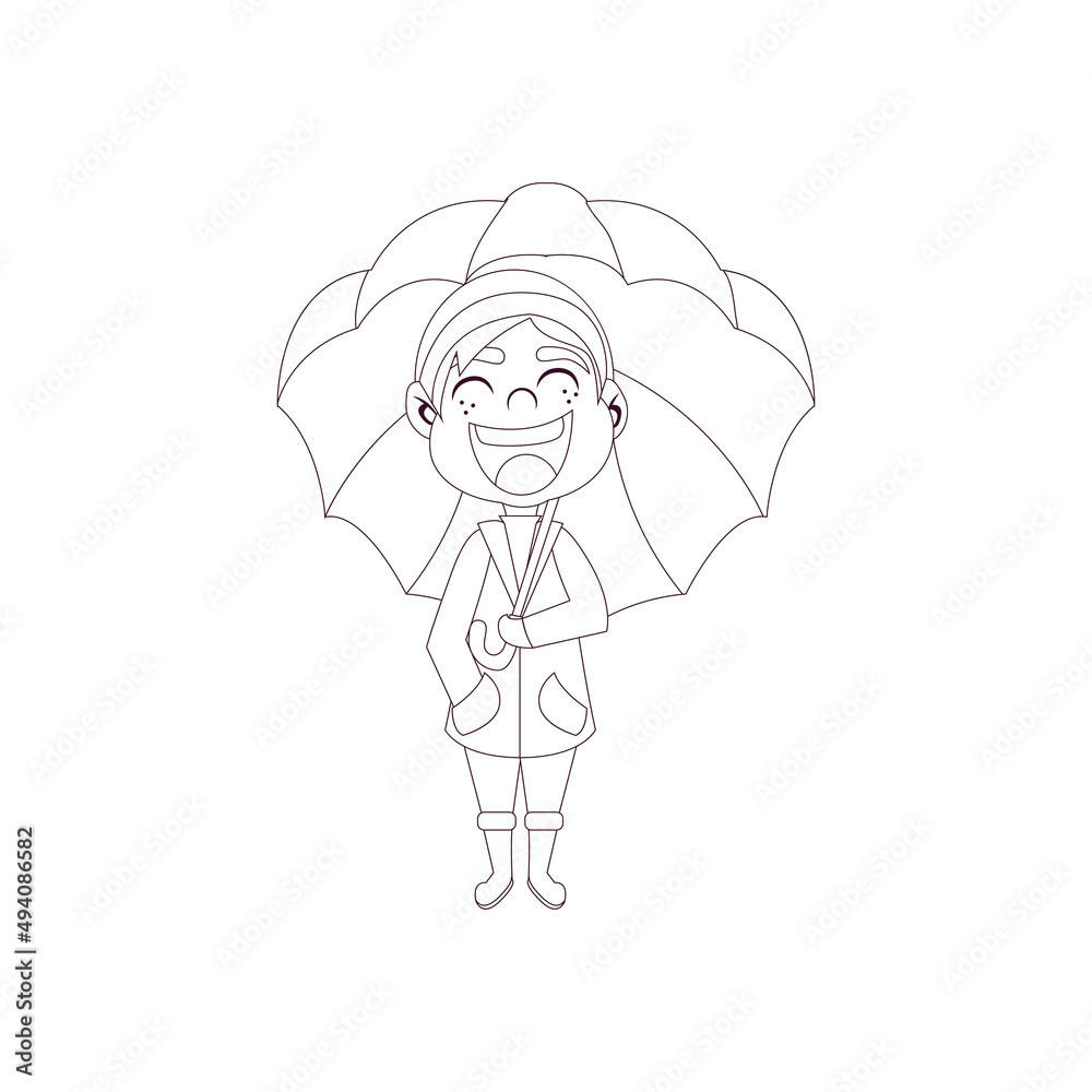 Obraz premium Isolated boy umbrella draw kids rain winter weather vector illustarion