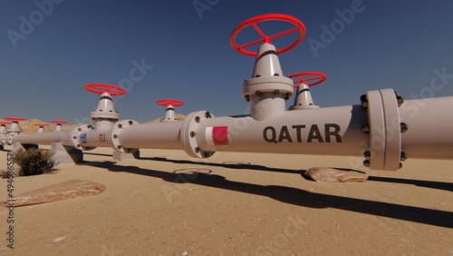  The gas pipeline with flags of Qatar and EU. 3d rendering