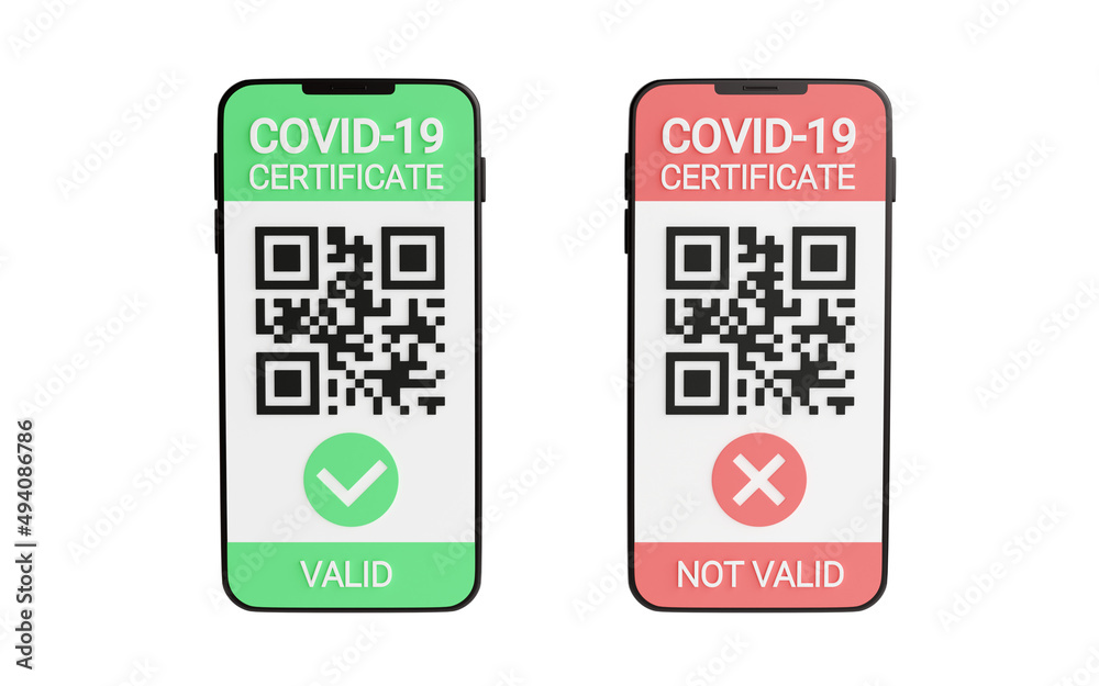 Green and red COVID vaccination certificate - qr code and check mark on mobile phone screen 3d render