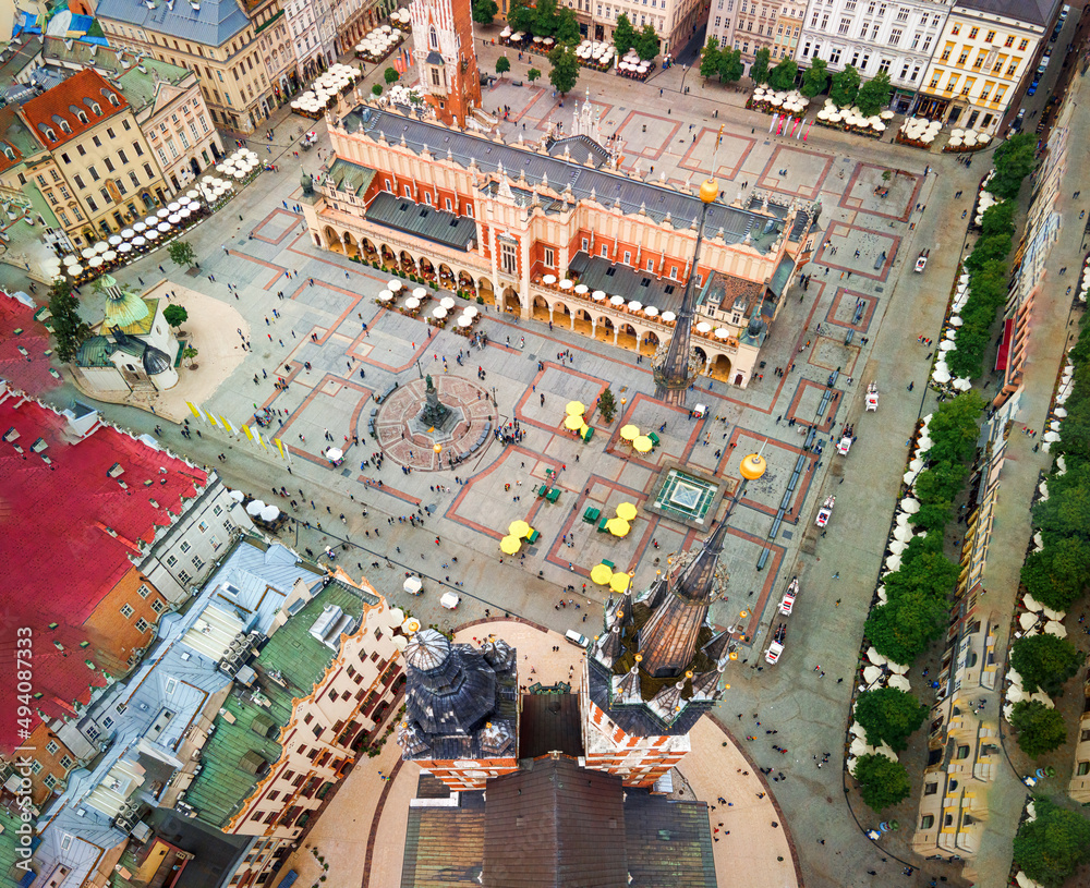 Polish City Krakow market center from top with stunning clouds