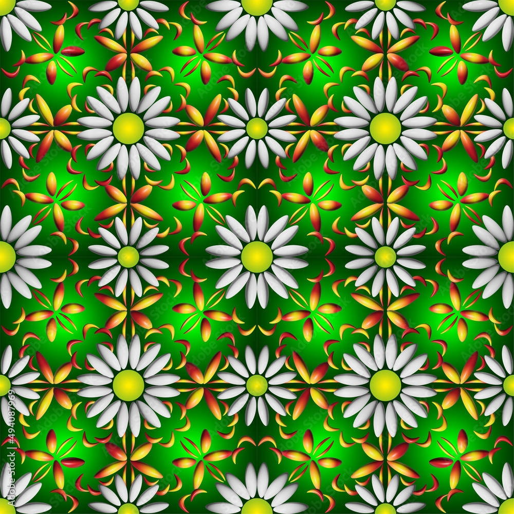 Bright beautiful floral ornament of 3D daisies on a green background. Endless, seamless, loop.