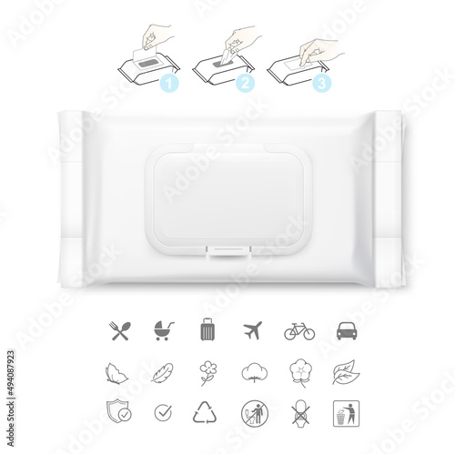 Realistic wet wipe mockup with signs set. Vector illustration isolated on white background. Can be use for your design, promo, adv and etc. Possibility for pharmaceutical, cosmetic, medic. EPS10.	