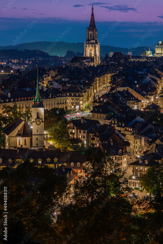 blue hour image of the Old Town section of Bern, Switzerland