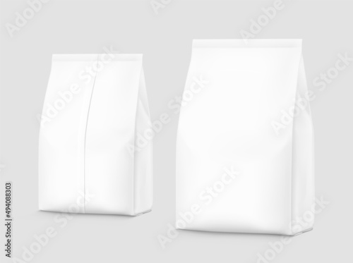 Bag mockup set. Front and rear side. Vector illustration. High realistic detail. Ready for your design. Suite for the presentation of coffee, food, for pets, household, etc.	