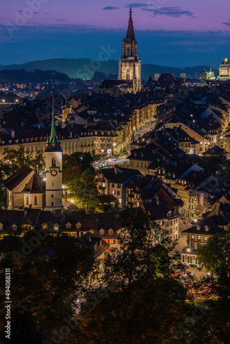 blue hour image of the Old Town section of Bern, Switzerland