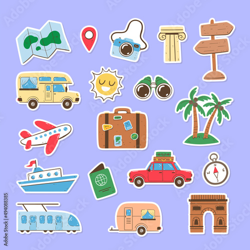Travel and summer holidays sticker collection. Hand-drawn isolated elements with a white border. Vector illustration.