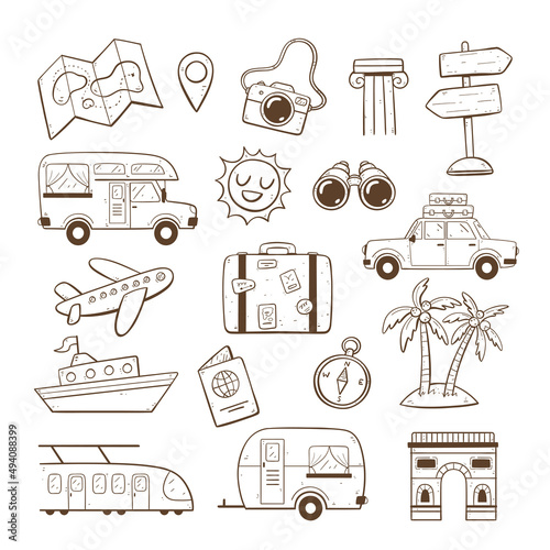 Travel and vacation clipart collection. Cute doodle elements isolated on white background. Vector illustration.
