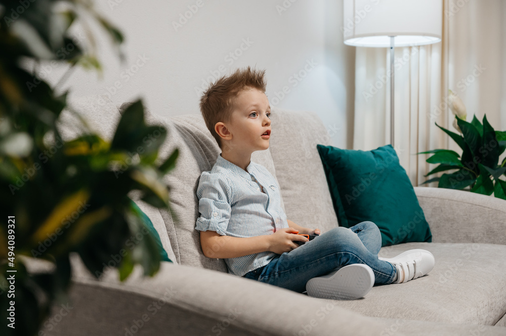 Happy boy playing video games holding game controller sitting on the coach in living room