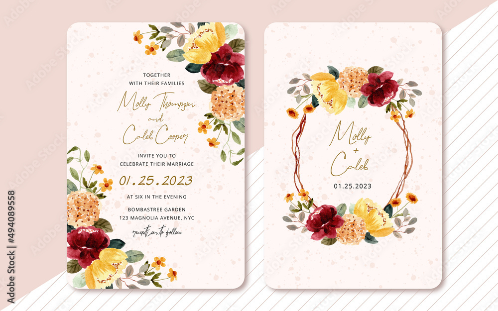 yellow red rustic watercolor floral wedding invitation