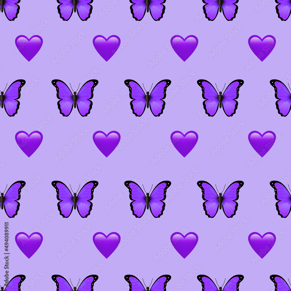 Butterfly and heart. Seamless pattern. Purple background. Vector