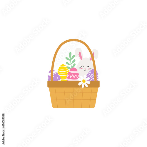 Cute Easter Busket. Easter eggs, bunny, flower. Flat style. Vector